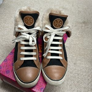 Tory Burch felt and leather shearling sneakers in size 8.5
